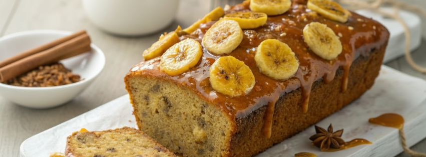 Pumpkin banana loaf nappé de sauce à l’érable et garni de rondelles de banane.