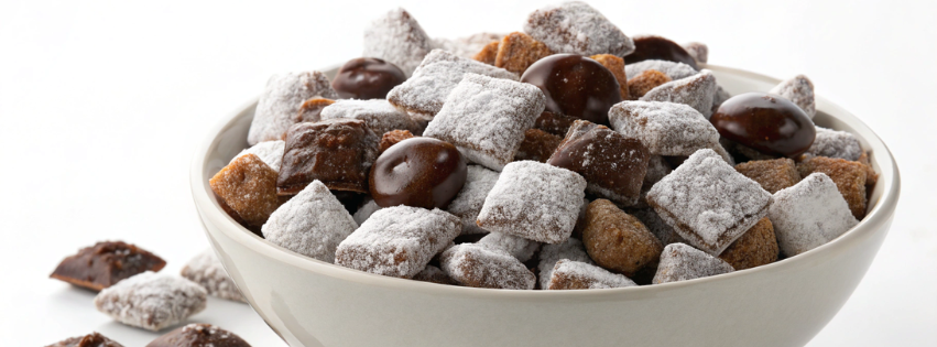 Bol de Muddy Buddies au chocolat saupoudrés de sucre glace, avec bouchées chocolatées.