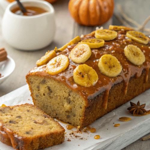 Pumpkin banana loaf nappé de sauce à l’érable et garni de rondelles de banane.