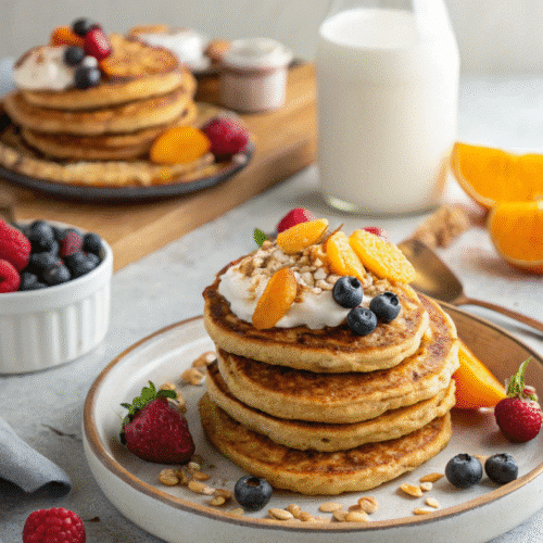 Galettes aux flocons d’avoine et yaourt empilées, garnies de fruits frais, graines et yaourt, servies avec des fruits rouges et une bouteille de lait.