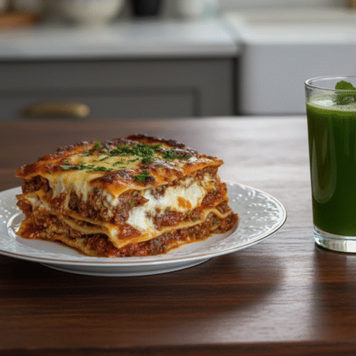 Part de lasagnes bolognaises au fromage gratiné avec boisson verte fraîche.