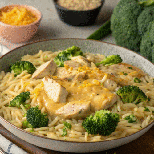 Gros plan sur un orzo crémeux au poulet, brocoli et cheddar, avec sauce fondante au fromage et morceaux de poulet dorés.