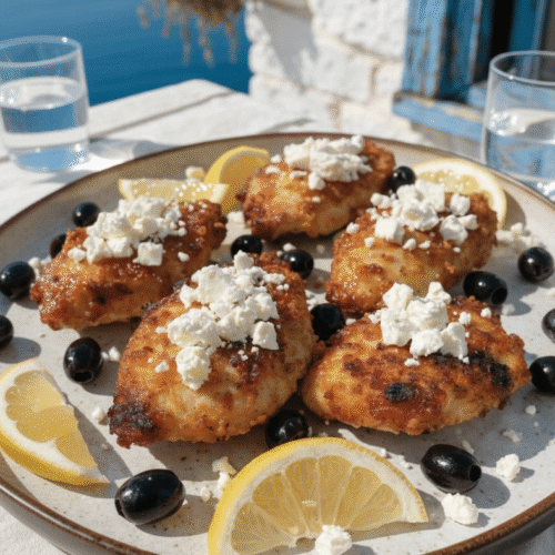 Poulet à la grecque sur assiette avec feta, olives et citron en extérieur.