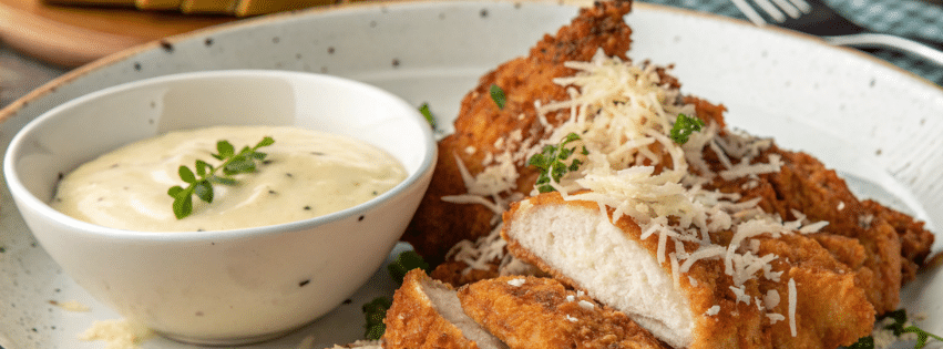 Gros plan sur des morceaux de poulet pané au parmesan, croustillants et dorés, servis avec sauce à l’ail.