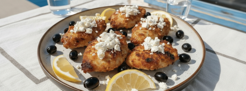 Poulet à la grecque maison garni de feta, olives noires et quartiers de citron.