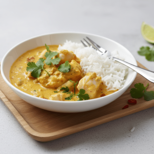 Bol de curry de poisson au lait de coco avec riz et herbes fraîches.