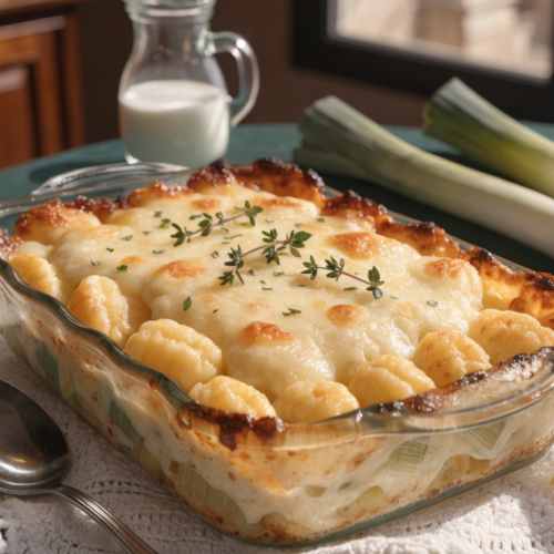 Vue d'ensemble d'un plat à gratin en verre rempli de gnocchis aux poireaux et fromage fondu, posé sur une table verte avec une cuillère, une carafe de lait et des poireaux frais en arrière-plan.