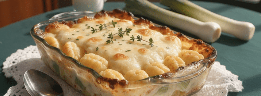 Vue rapprochée d'un gratin de gnocchis et poireaux dans un plat en verre, avec une surface de fromage doré et fondant parsemée de thym frais.