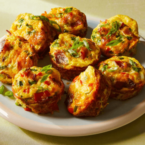 Gros plan sur une assiette de muffins aux œufs dorés garnis de charcuterie, de poivrons et d'oignons verts.