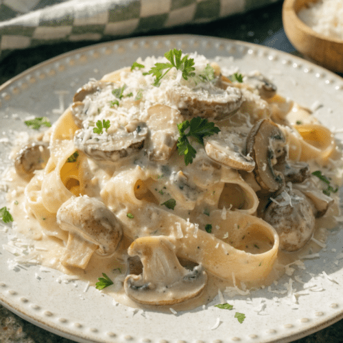 Pâtes crémeuses aux champignons avec parmesan et persil frais.