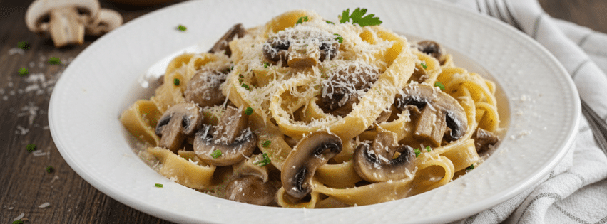 Pâtes aux champignons avec parmesan râpé et sauce crémeuse.