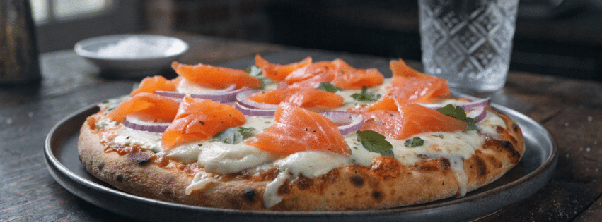 Pizza au saumon fumé avec mozzarella fondante et oignons rouges.