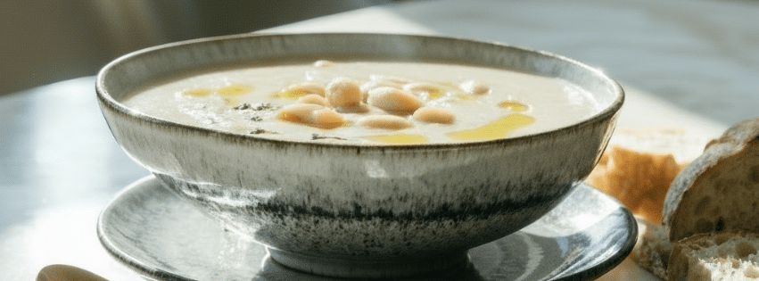 Soupe crémeuse aux haricots blancs avec filet d’huile d’olive et pain.