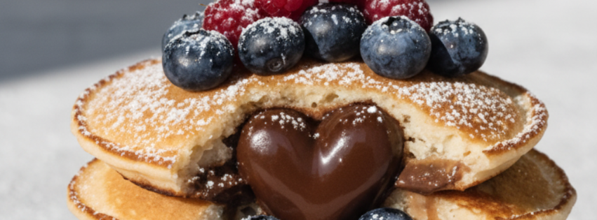 Pancakes moelleux fourrés au Nutella avec cœur coulant en forme de cœur, garnis de myrtilles et framboises.