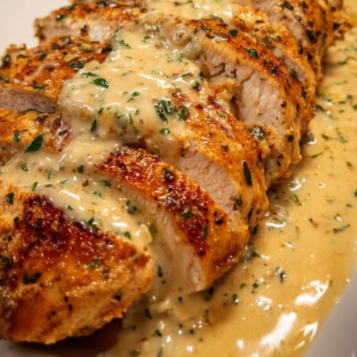Gros plan sur du poulet César grillé nappé de sauce crémeuse au parmesan avec herbes et texture juteuse.