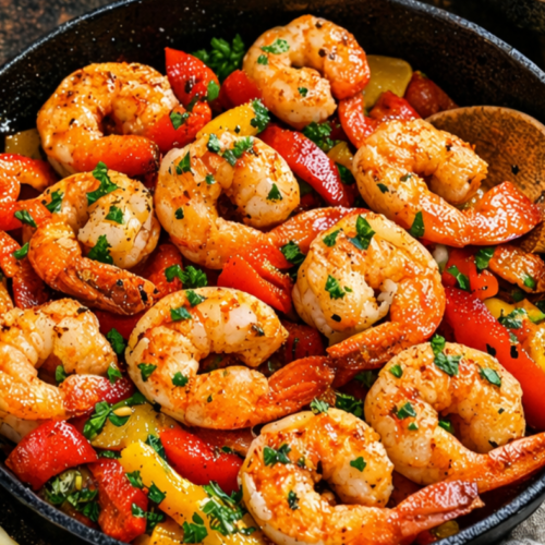 Poêle de crevettes sautées aux poivrons avec sauce brillante et persil frais.