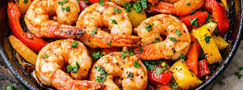 Sauté de crevettes aux poivrons rouges et jaunes avec herbes fraîches dans une poêle.