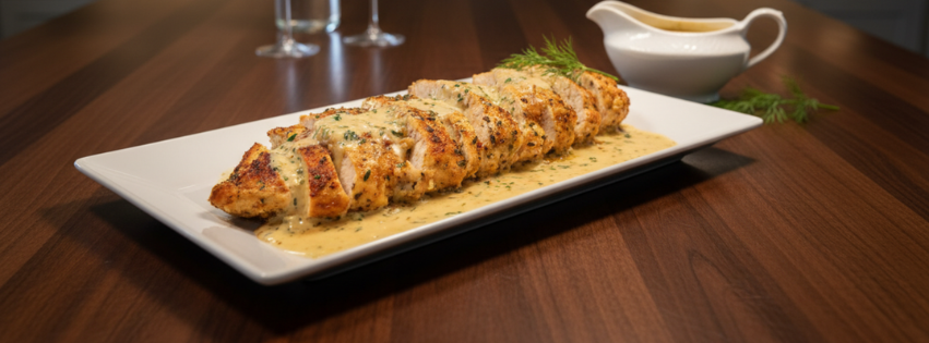 Poulet César grillé tranché servi sur un plat avec une sauce crémeuse au parmesan et herbes fraîches.